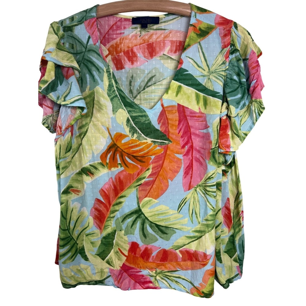 Rachel Rachel Roy‎ Blouse Women 1X Blue Tropical Leaf Flutter Sleeve V-Neck A13
